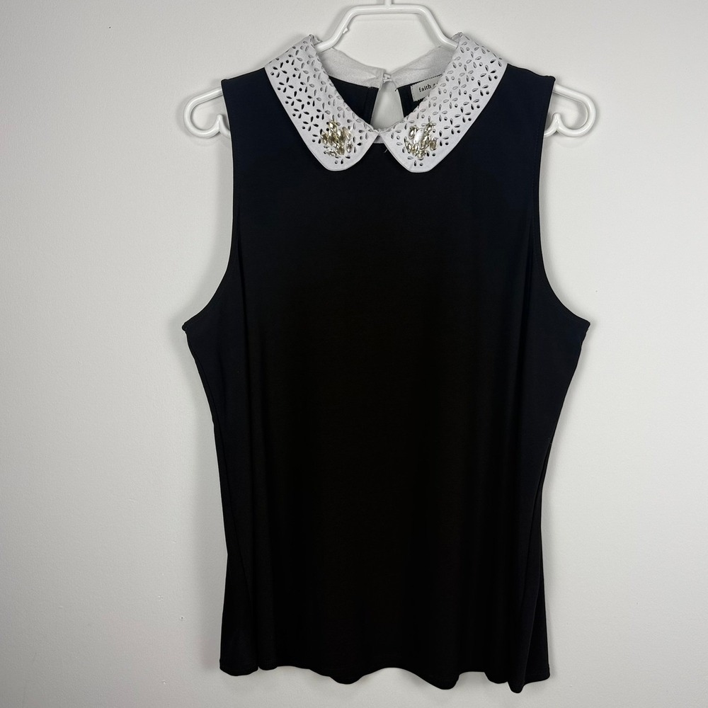 Faith and Joy by Monteau Black Sleeveless Top Rhinestone Eyelet Collar L M12397